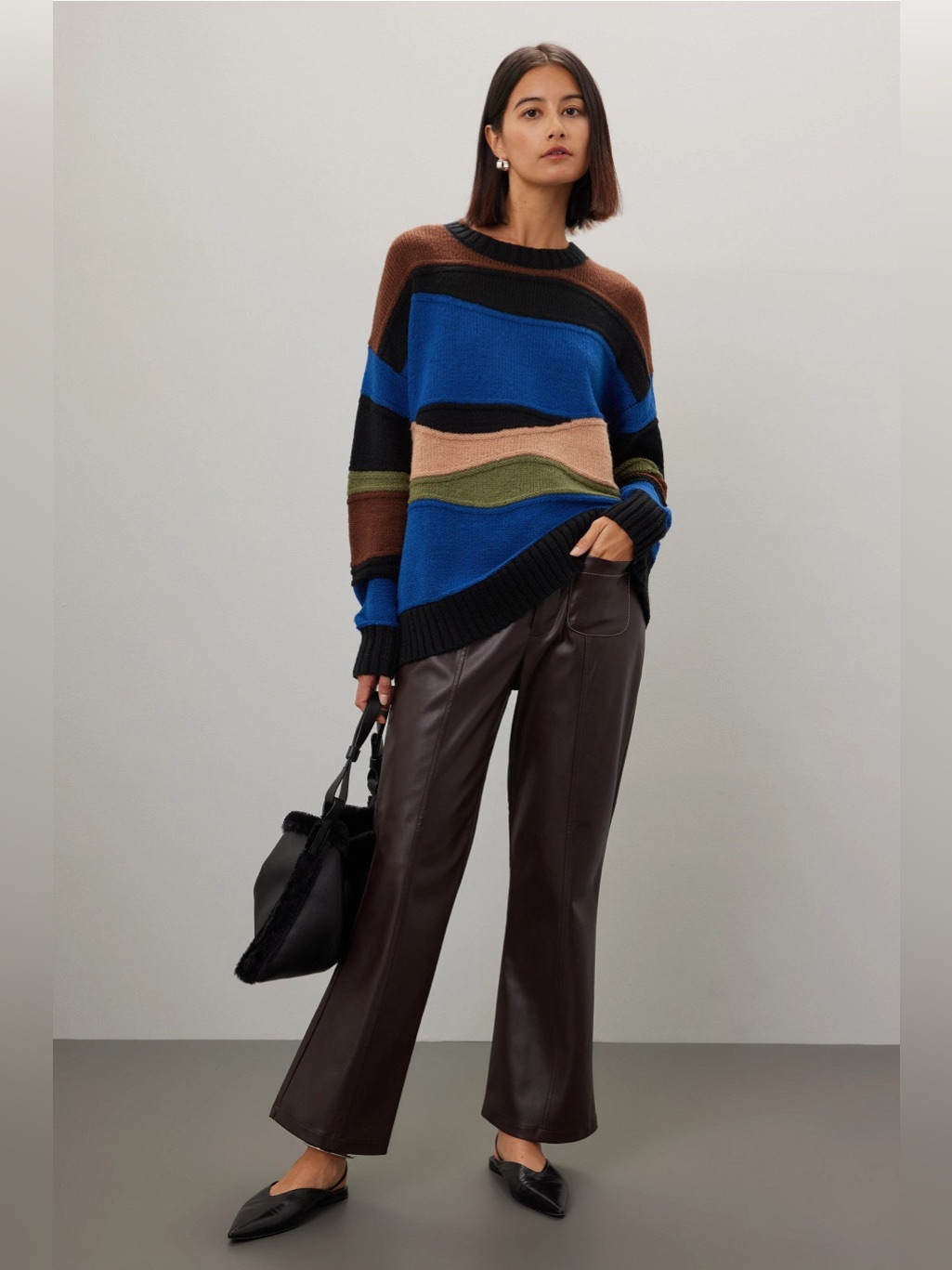 Love Multicolor Wave-Stripe Crewneck Sweater - Blue/Brown/Black/Green/Cream